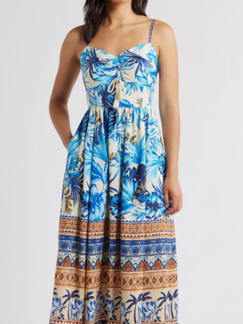 NWT Eliza J Ruched Front Blue/Brown Floral Midi Dress. Size 10